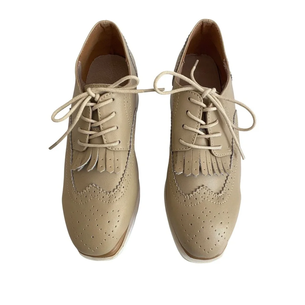 Fashion Beige Platform Brogue Oxfords Kiltie Fringe Wingtip Wedge Shoes‎ Size 9